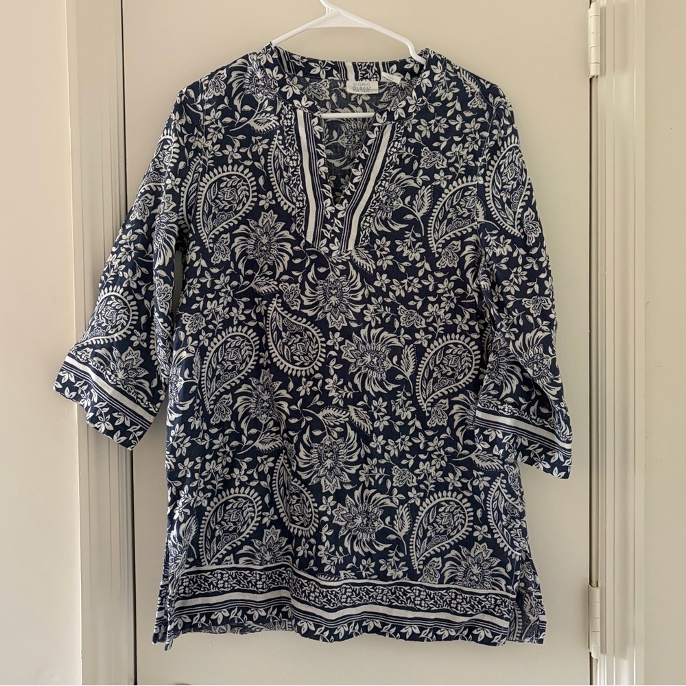 Sigrid Olsen Womens Small Tunic Top Linen Blue White Paisley Floral Cottagecore